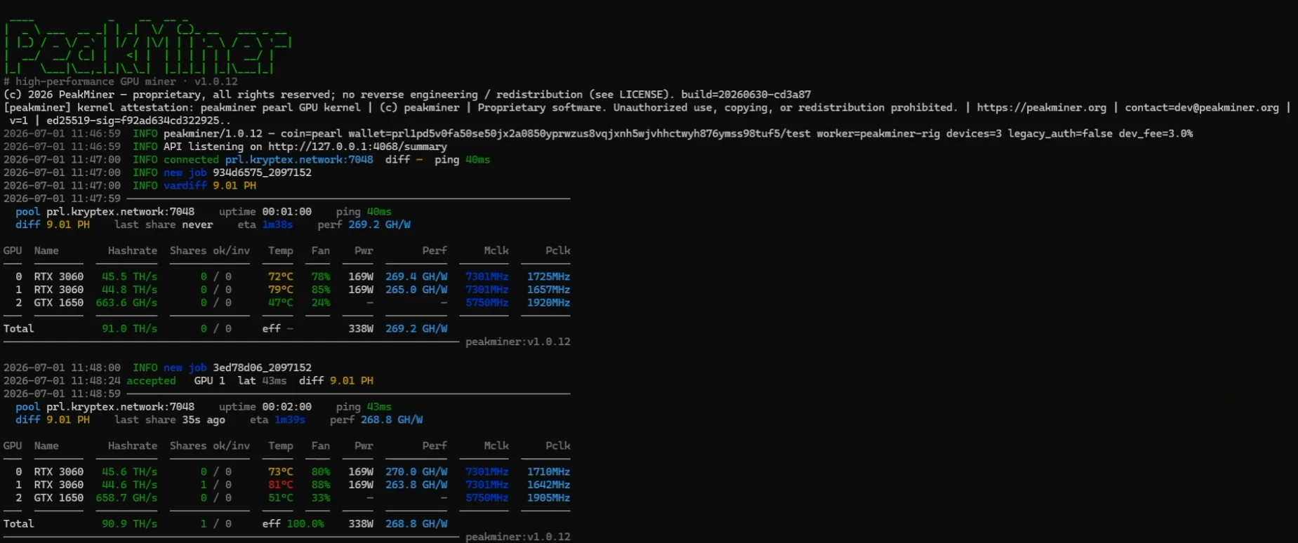 Консольный вывод PeakMiner